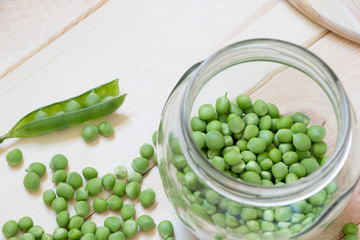 Fresh green peas in a glass jar on bright wooden background with copy space. Top view.