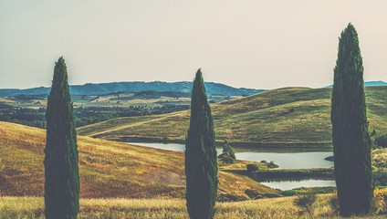 Tuscany, rural sunset landscape. Countryside farm, cypresses trees, fields, sun light and cloud. Italy. Agro tour of Europe. Vacation trip. Vintage tone filter effect with noise and grain.