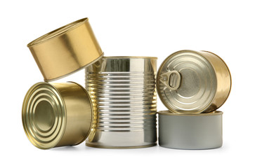 Closed tin cans isolated on white, mockup for design