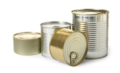 Closed tin cans isolated on white, mockup for design