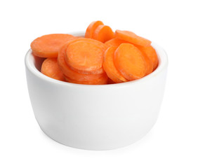 Bowl of chopped raw carrot isolated on white