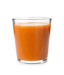 Glass of fresh carrot juice on white background