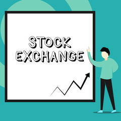 Conceptual hand writing showing Stock Exchange. Concept meaning An electronic market where owners of businesses get together Man standing pointing up blank rectangle Geometric background