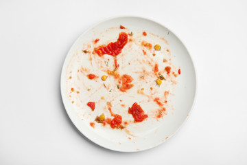 Dirty plate with food leftovers on white background, top view