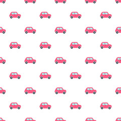 Vector seamless pattern with flat pink cartoon car. Seamless pattern.