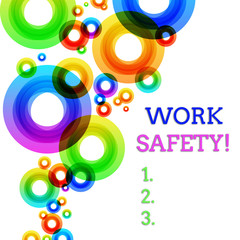 Obraz premium Word writing text Work Safety. Business photo showcasing policies and procedures in place to ensure health of employees Vibrant Multicolored Circles Disks of Different Sizes Overlapping Isolated