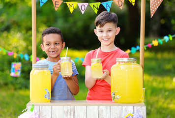 Cute little boys at lemonade stand in park. Summer refreshing natural drink