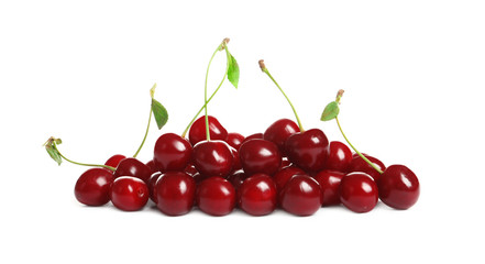 Pile of delicious ripe sweet cherries on white background