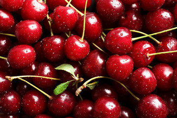Delicious ripe sweet cherries with water drops as background, closeup view