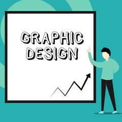 Conceptual hand writing showing Graphic Design. Concept meaning art or skill of combining text and pictures in advertisements Man standing pointing up blank rectangle Geometric background