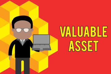 Word writing text Valuable Asset. Business photo showcasing Your most valuable asset is your ability or capacity Standing man in suit wearing eyeglasses holding open laptop photo Art