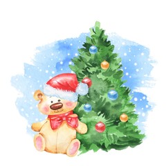 Christmas tree and Teddy Bear. Watercolor illustration