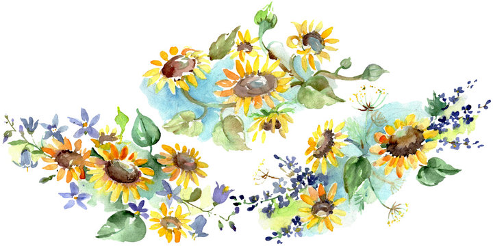 Bouquet with sunflowers floral botanical flowers. Watercolor background set. Isolated bouquets illustration element.