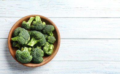 Plate of fresh green broccoli on white wooden table, top view. Space for text