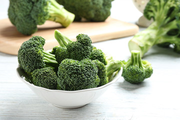 Plate of fresh green broccoli on white wooden table, closeup view. Space for text