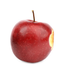 Ripe juicy red apple with bite mark on white background