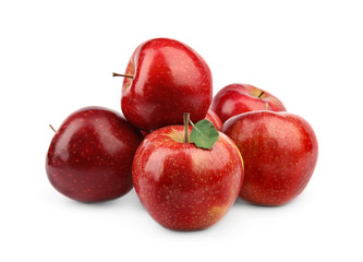 Ripe juicy red apples with leaf on white background