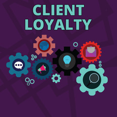 Word writing text Client Loyalty. Business photo showcasing The result of consistently positive satisfaction to clients Set of Global Online Social Networking Icons Inside Colorful Cog Wheel Gear