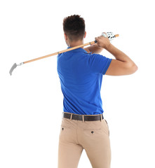 Young man playing golf on white background