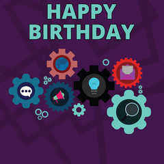 Word writing text Happy Birthday. Business photo showcasing The birth anniversary of a demonstrating is celebrated with presents Set of Global Online Social Networking Icons Inside Colorful Cog Wheel