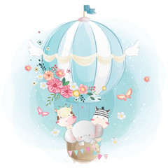 Süße Tiere, die mit Luftballon fliegen