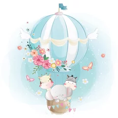 Rolgordijnen Babykamer Schattige dieren vliegen met luchtballon