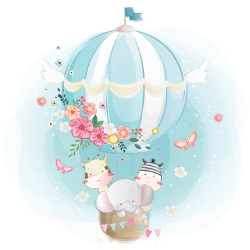 Cute Animals Flying with Air Balloon © Lorarts