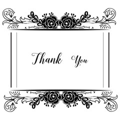 Elegant ornate card, lettering of thank you, with cute shape flower frame. Vector