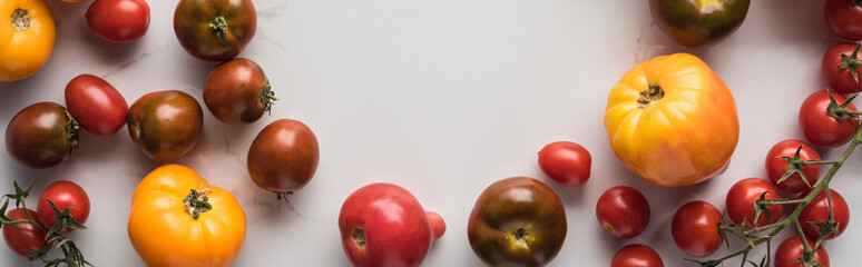 panoramic shot of scattered tomatoes with empty space in middle on marble surface