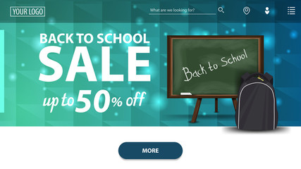 Back to school sale, modern blue horizontal web banner with school Board and school backpack