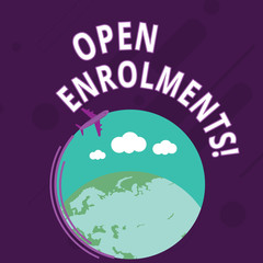 Word writing text Open Enrolments. Business photo showcasing when employees may make changes to elected fringe benefit Airplane with Moving Icon Flying Around Colorful Globe and Blank Text Space