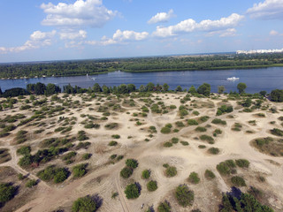 Aerial drone view of Kiev cityscape, Dnepr river.