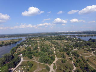 Aerial drone view of Kiev cityscape, Dnepr river.
