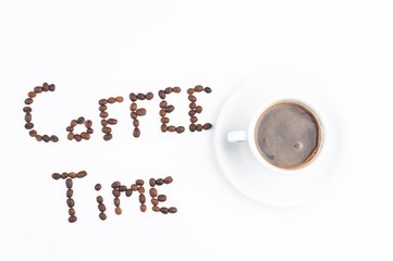 Coffee beans and coffee cup isolated on white background.Coffee time.Copy space.