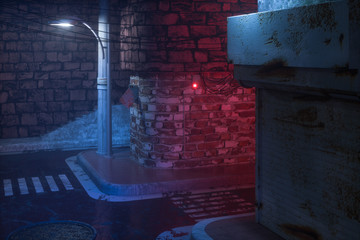 Vintage streets with colorful lights at night, 3d rendering.