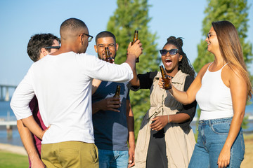 Smiling friends clinking beer bottles during picnic. Group of young people relaxing during sunny day. Leisure concept
