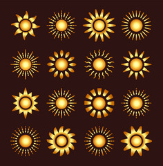 Golden sun icons with different rays. Gold summer symbols with gradient. Flat sunlight signs on dark background. Vector illustration