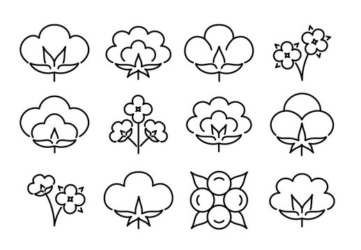 Cotton flower & ball. Line icon set. Symbol & logo for natural eco organic textile, fabric. Black & white vector illustration