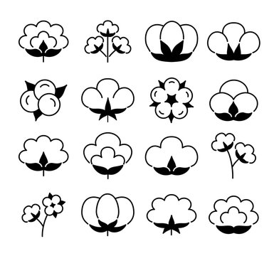Cotton flower & ball. Flat line icon set. Symbol & logo for natural eco organic textile, fabric. Black & white vector illustration