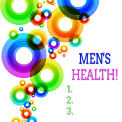 Word writing text Men S Health. Business photo showcasing state of complete physical mental and social well being by analysis Vibrant Multicolored Circles Disks of Different Sizes Overlapping Isolated