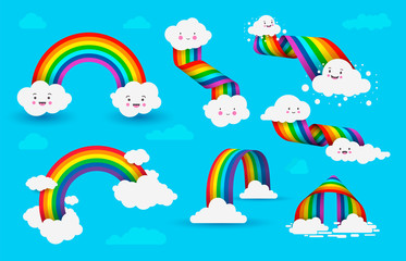 Naklejka premium Set of Rainbows with clouds. Colorful rainbow with clouds on blue sky background. Vector illustration isolated on blue background.