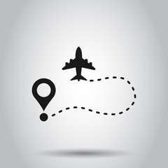 Airplane flight route icon in transparent style. Travel line path vector illustration on isolated background. Dash line trace business concept.