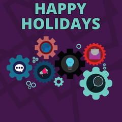 Word writing text Happy Holidays. Business photo showcasing Made a short journey by a group of showing for pleasure Set of Global Online Social Networking Icons Inside Colorful Cog Wheel Gear