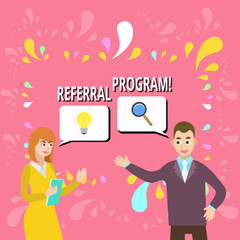 Writing note showing Referral Program. Business concept for internal recruitment method employed by organizations Business Partners Colleague Jointly Seeking Problem Solution