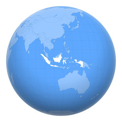 Indonesia on the globe. Earth centered at the location of the Republic of Indonesia. Map of Indonesia. Includes layer with capital cities.