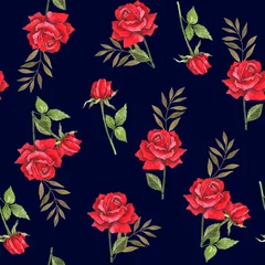 Plexiglas foto achterwand Watercolor botanical illustration with red roses. Design for fabric. Seamless floral pattern. Wedding design. Congratulatory wrapping paper. © pivich