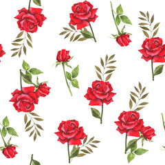 Watercolor botanical illustration with red roses. Design for fabric. Seamless floral pattern. Wedding design. Congratulatory wrapping paper.