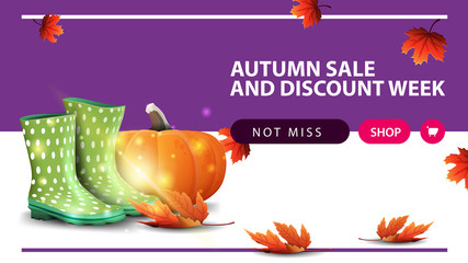 Autumn sale and discount week, horizontal discount web banner with rubber boots and pumpkin