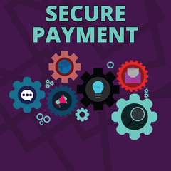 Word writing text Secure Payment. Business photo showcasing Security of Payment refers to ensure of paid even in dispute Set of Global Online Social Networking Icons Inside Colorful Cog Wheel Gear