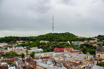 Fototapeta na wymiar Architecture of Lviv. Lviv is the cultural center of Ukraine. Television and town hall in the center. Tourist attractions. .
